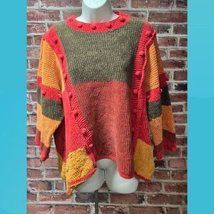 Liz Barr Knitwear Vintage 90s Patchwork Sweater Large Red Orange Oversized